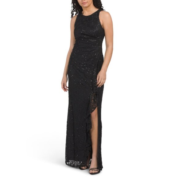 ALEX EVENINGS Black Sleeveless Sequin Cascade Ruffle Gown - Picture 1 of 2